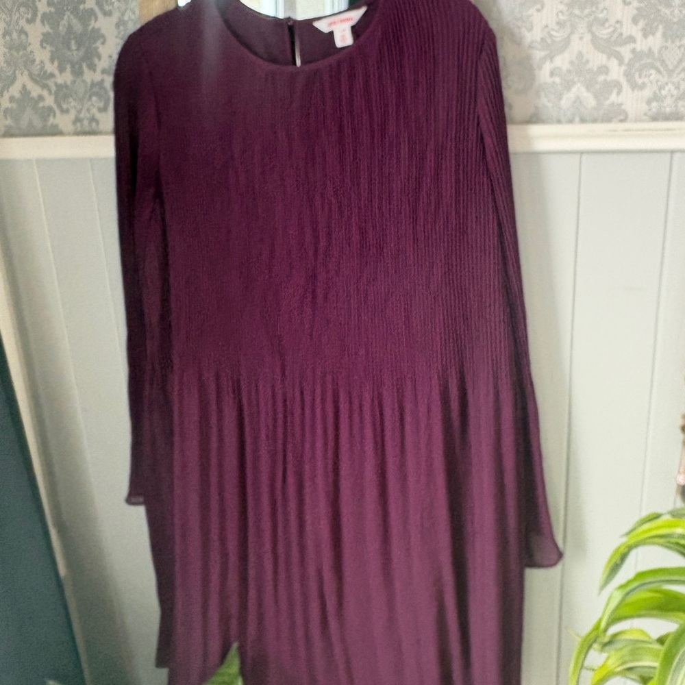 Pleated Long Sleeve Dress - Plum Large